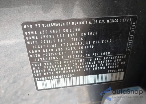 2022 Volkswagen Taos S z USA, uszkodzony, nr VIN 3VVMX7B2XNM033307